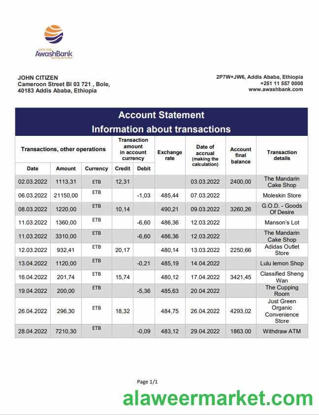 Ethiopia Awash Bank statement